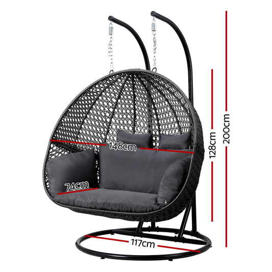 Gardeon Outdoor Egg Swing Chair Wicker Furniture Pod Stand Cushion 2 Seater Grey
