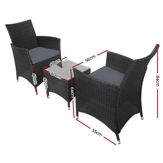 Gardeon 3PC Outdoor Bistro Set Patio Furniture Wicker Setting Chairs Table Cushion Black