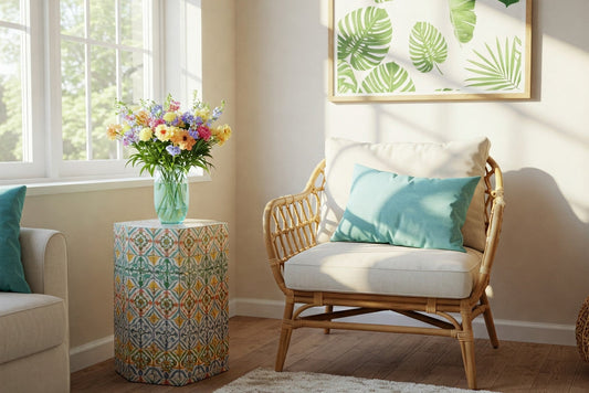 Cozy living room featuring rattan chair, colorful side table, and nature-inspired wall art for a fresh home refresh