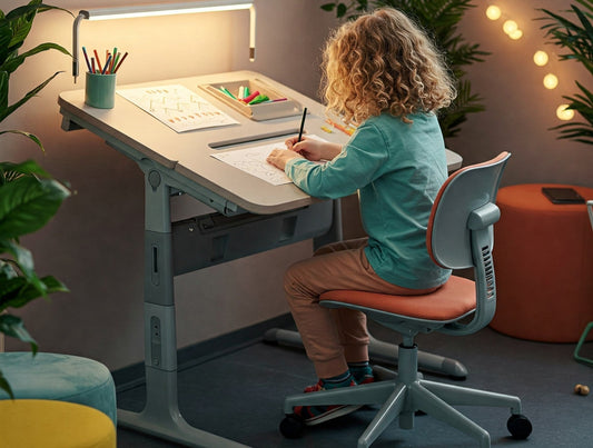 Ergonomic study setup for kids featuring an adjustable chair and desk, promoting healthy posture and comfort for learning.