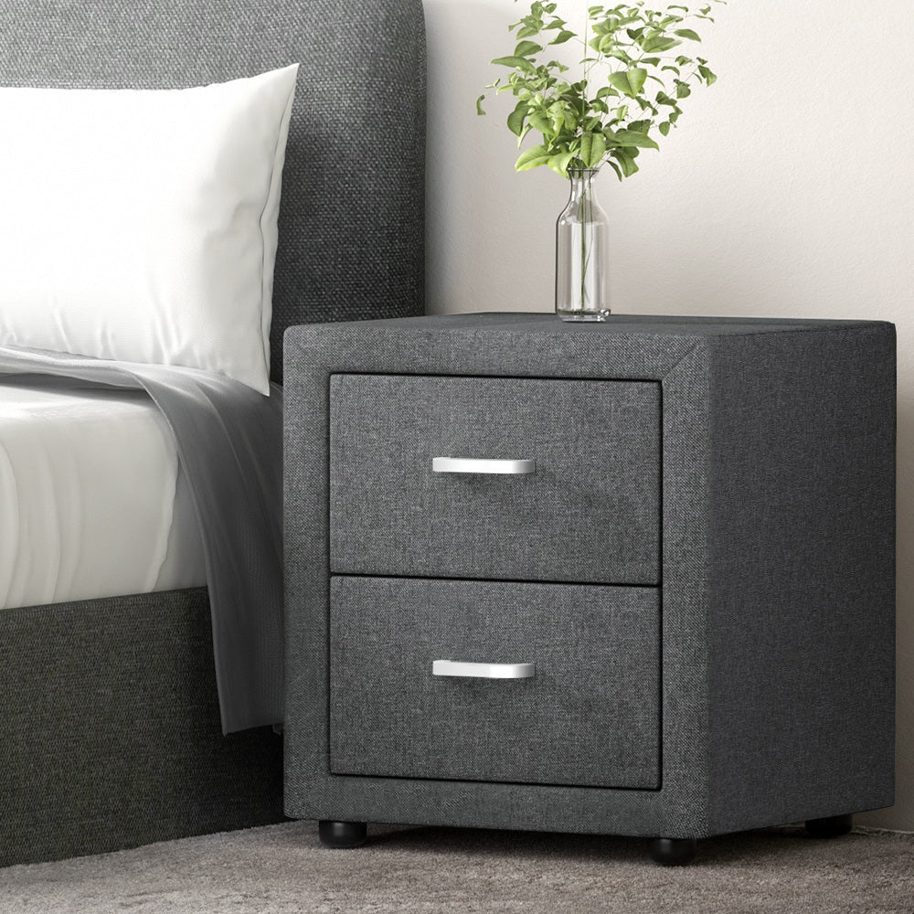 Artiss 2X Bedside Table 2 Drawers Side Table Fabric - CADEN Grey