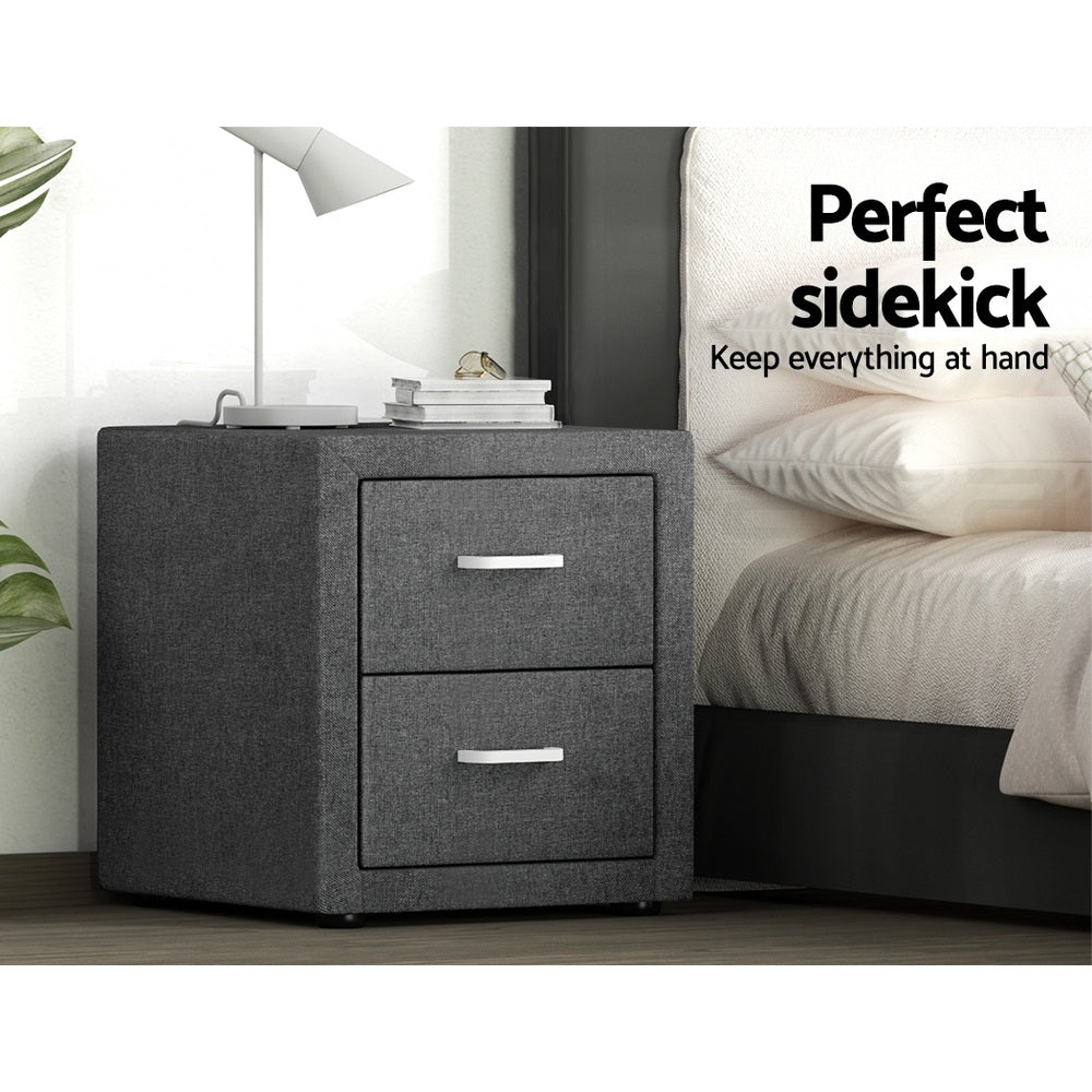 Artiss 2X Bedside Table 2 Drawers Side Table Fabric - CADEN Grey