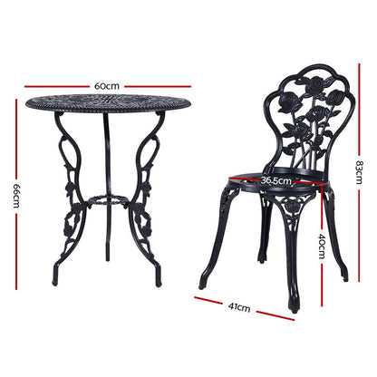 Gardeon 3PC Outdoor Setting Bistro Set Chairs Table Cast Aluminum Rose Black