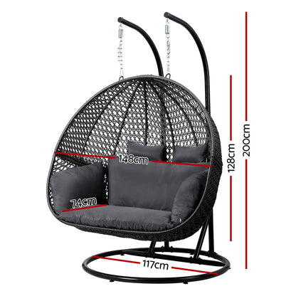 Gardeon Outdoor Egg Swing Chair Wicker Furniture Pod Stand Cushion 2 Seater Grey