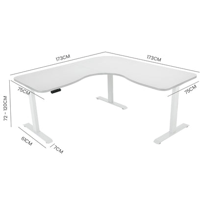 FORTIA 173W x 173W x 75D 3-Motor 120kg Load Adjustable Electric Sit to Stand Up Corner Desk - White/White Frame