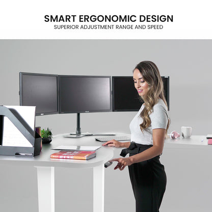 FORTIA 173W x 173W x 75D 3-Motor 120kg Load Adjustable Electric Sit to Stand Up Corner Desk - White/White Frame