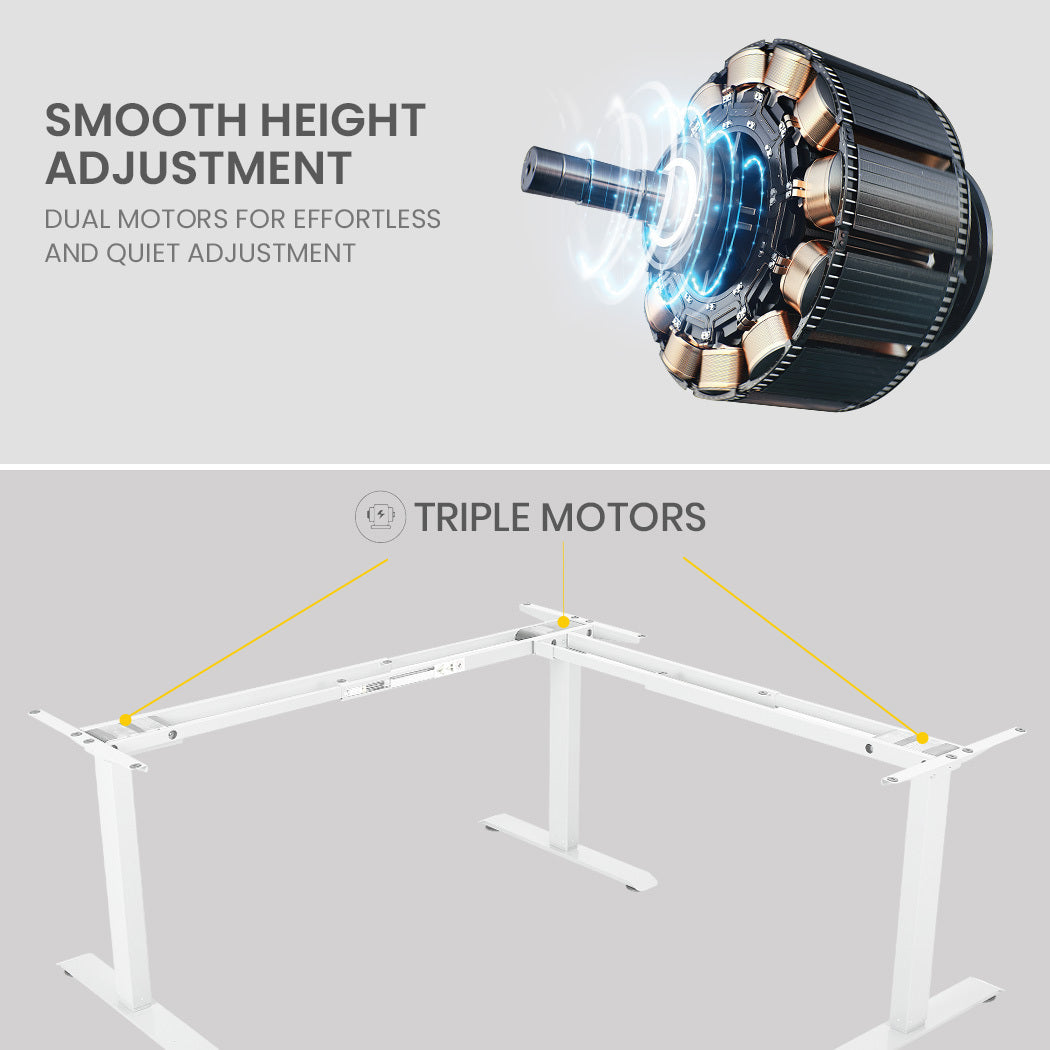 FORTIA 173W x 173W x 75D 3-Motor 120kg Load Adjustable Electric Sit to Stand Up Corner Desk - White/White Frame
