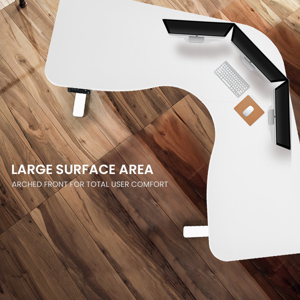 FORTIA 173W x 173W x 75D 3-Motor 120kg Load Adjustable Electric Sit to Stand Up Corner Desk - White/White Frame