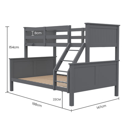 Kingston Slumber Triple Wooden Single Over Double Bunk Bed Frame for Kids, Convertible Design, Grey