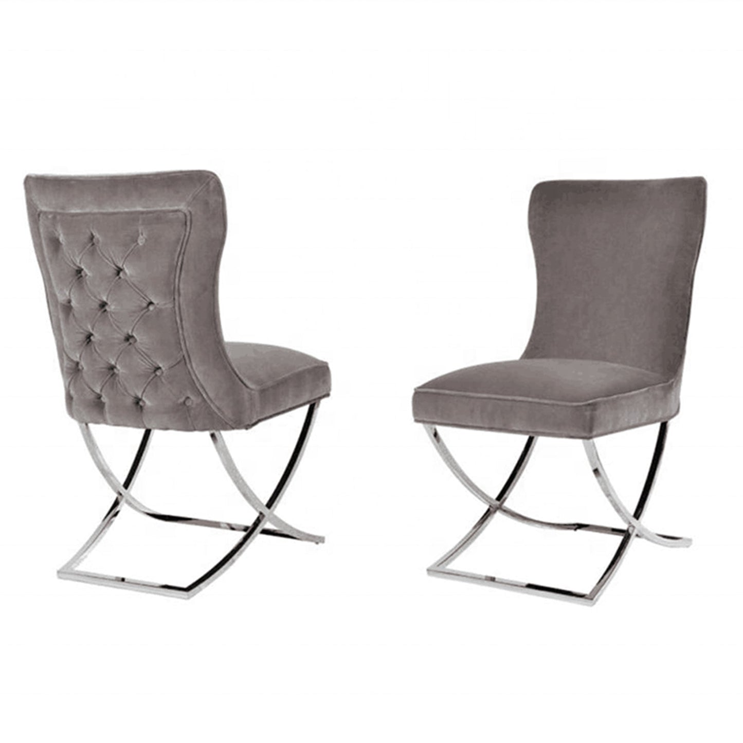Set of 2 Grey Upholstered Dining Chairs – Quilted Back, Silver Criss-Cross Legs, Assembled Flatpack