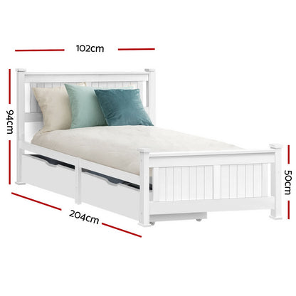 Artiss Bed Frame Single Size Wooden with 2 Drawers White RIO
